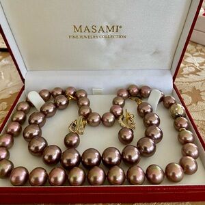 Masami Gold BrownPink Pearl Set-Necklace,Gold&Silver&Diamond Earrings,Bracelet